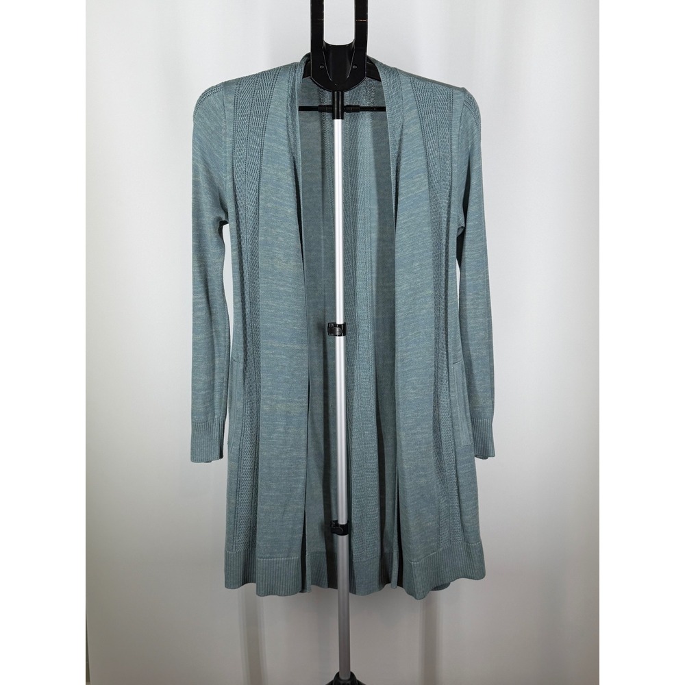 Soft Surroundings Blue Pointelle Open Front Longline Cardigan Sweater Pockets XS